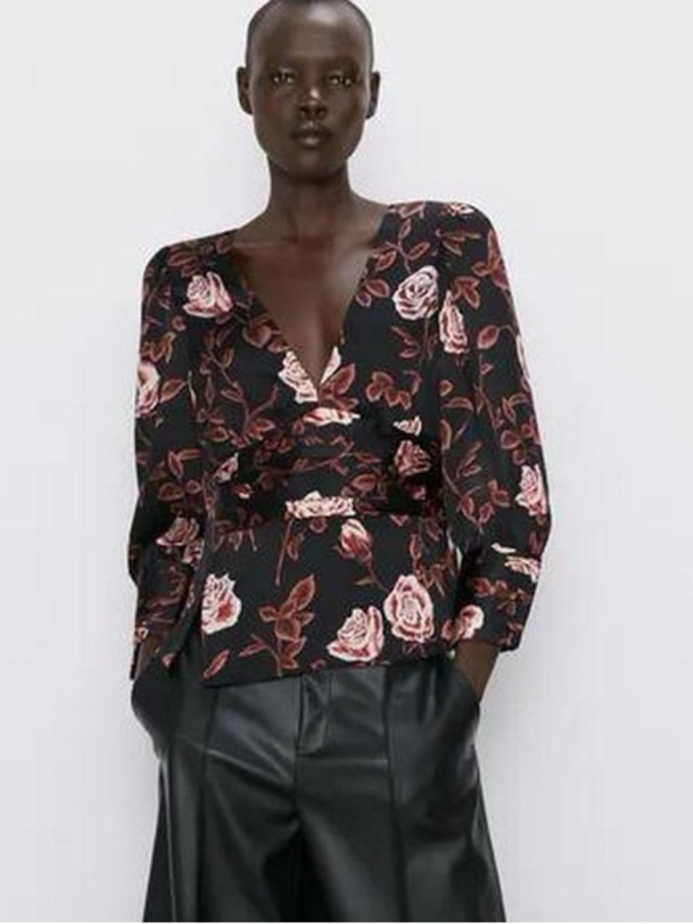 Zara Black Blouse with Pink Rose Floral Print Size XS